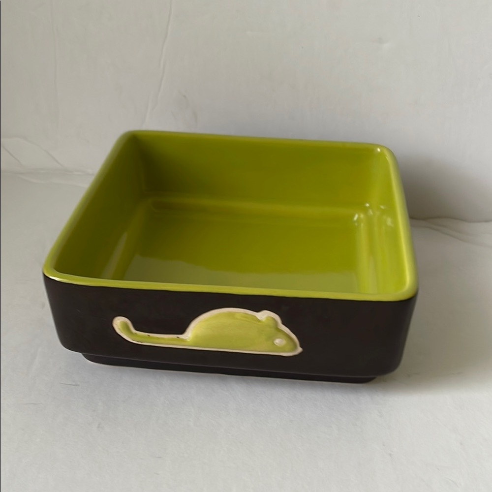 Cat Green and Brown Square Dish with Mouse Design